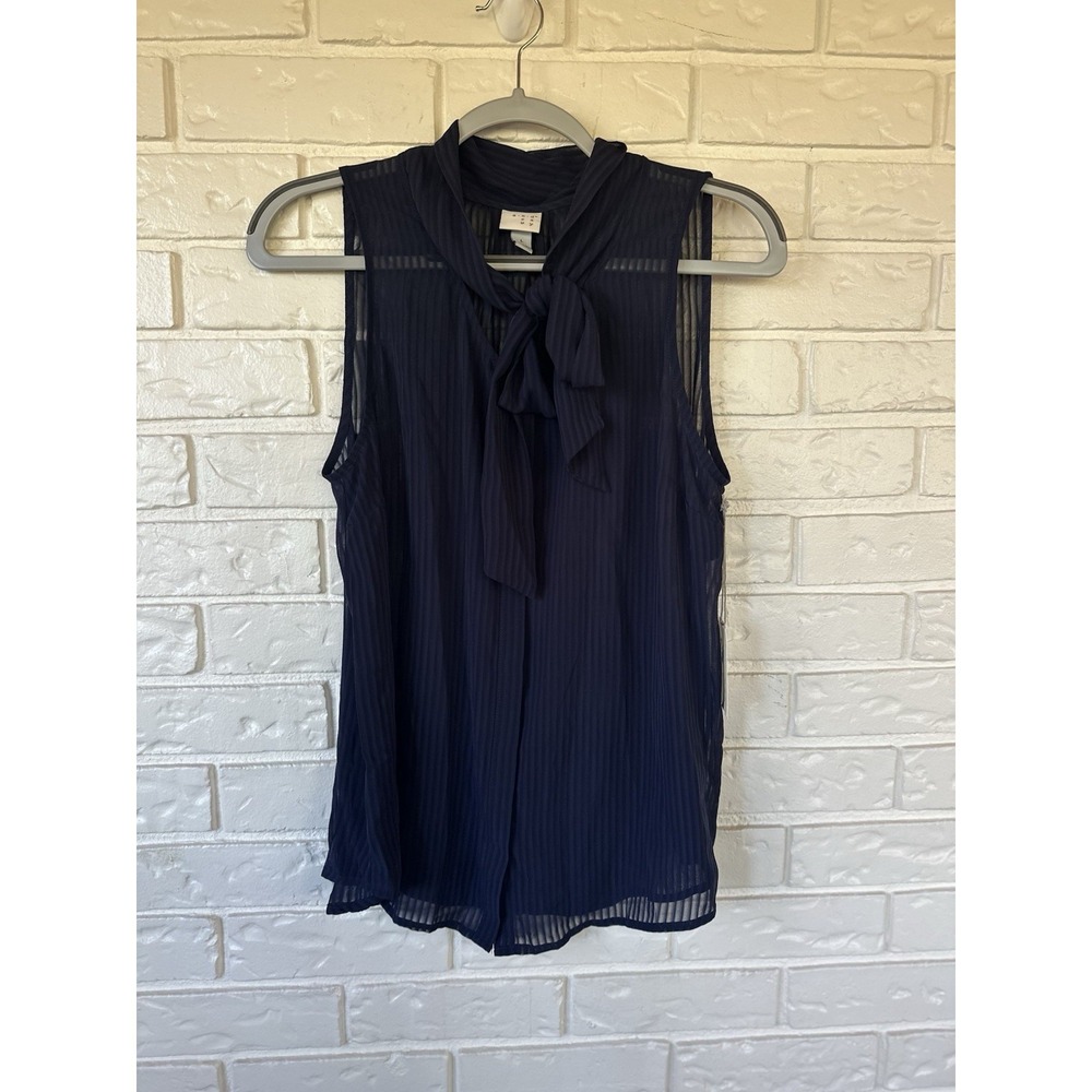 A.N.D Blair Waldorf Navy Bow-Tie Blouse | Size L Sheer Pleated Chiffon Top